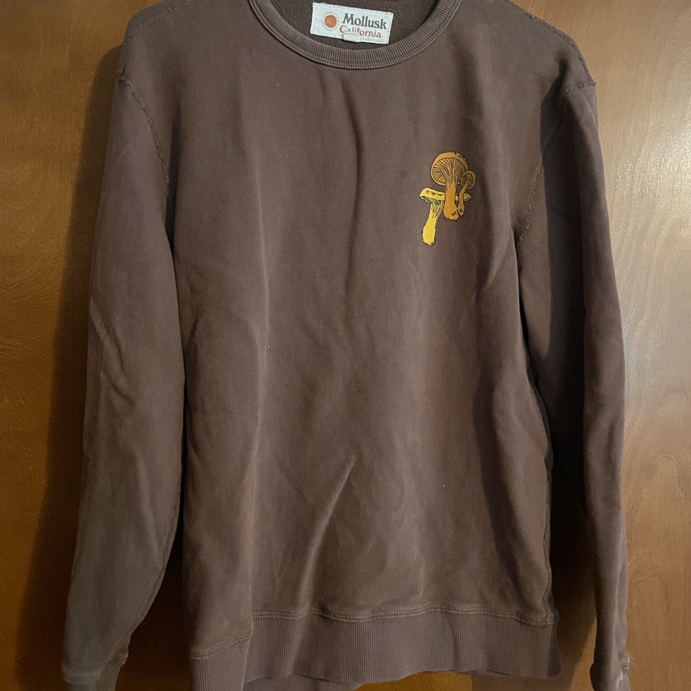 Mollusk California Brown Crewneck Sweater with Yellow Mushroom Accent